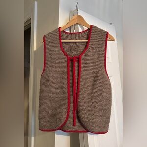 Hand Knit Sweater Vest with Tie red and tan